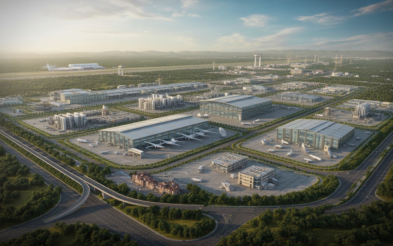 Aerial view of KIADB Aerospace Park in Bagalur, North Bangalore showcasing aerospace manufacturing hubs, modern industrial facilities, research centers, residential high-rises, smart-city infrastructure, and proximity to Kempegowda International Airport