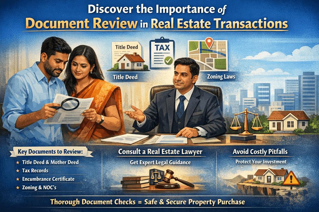 Real estate document verification process in India with buyers consulting a property lawyer