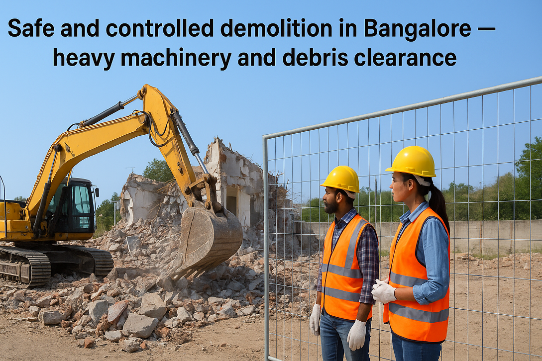 Excavator demolishing an old building in Bangalore