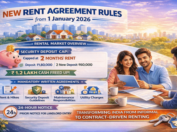 New rent agreement rules in India 2026 explained with tenants and landlords signing a transparent rental agreement in a modern Indian home