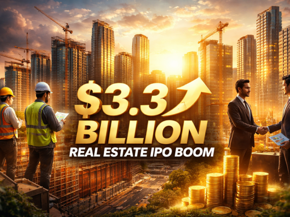 Indian real estate IPO boom illustration showing city skyline, construction cranes, investors handshake and $3.3 billion growth concept.