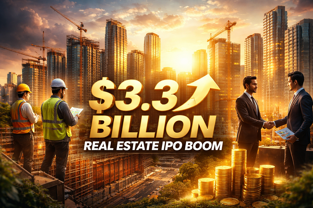 Indian real estate IPO boom illustration showing city skyline, construction cranes, investors handshake and $3.3 billion growth concept.